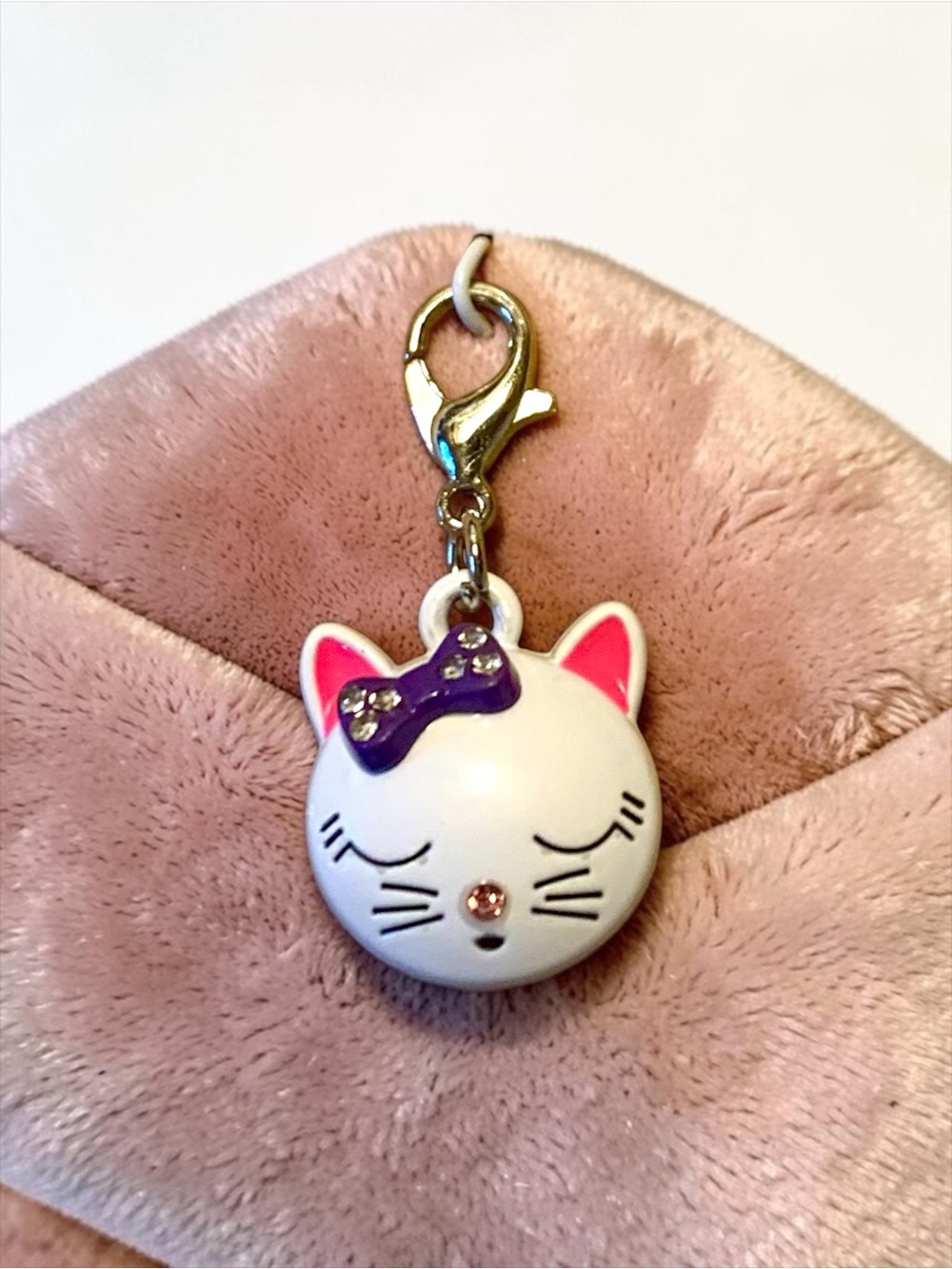 Cute White Cat Charm Keychain with Purple Bow by Alaska Wild Rose designs